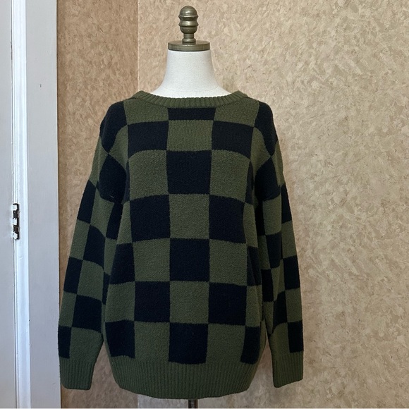 Green & Black Checkered Knit Crewneck Baggy Sweater - Picture 2 of 8